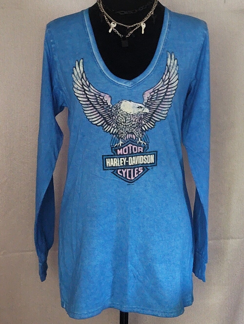Harley-Davidson Blue V-Neck Long Sleeve Eagle Graphic Tee